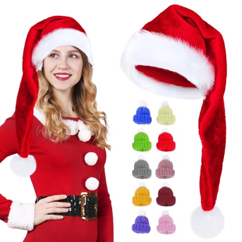 Booaee Weihnachtsmütze,Lang Weihnachtsmütze,75cm Plüsch Nikolausmütze Rot Weihnachtsmützen Erwachsene Santa Mütze Dickem Fellrand Weihnachtsmann Mütze mit 10 Stück Mini Weihnachtsmütze Damen Herren von Booaee