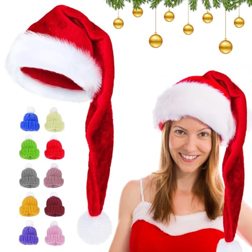 Lang Weihnachtsmütze, 1 Stück Nikolausmütze Erwachsene mit 10 Stück Mini Hüte Strickmützen Weihnachtsmannmützen Finger Weinflache Hut Mini Wollmütze Puppen Hut, Santa Clause Mütze für Weihnachtsfeier von Booaee