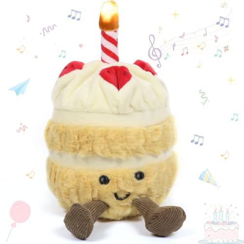 Spaß Simulation Geburtstagskuchen Puppe,21cm LED Kuscheltier mit Musik Kawaii Kuchen Plüsch Puppe Happy Birthday Plüschtier Cake Plüschtier Stofftier Spielzeug Geburtstagsgeschenk Kinder Erwachsene von Booaee