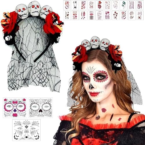 Tag der Toten Schleier Kostüm Damen, Halloween Kopfschmuck Damen Stirnband Tag der Toten Rosen Haarreif Schleier mexikanischen Blumen Kronen, Halloween Temporäre Gesicht Toten Zucker Schädel Tattoos von Booaee