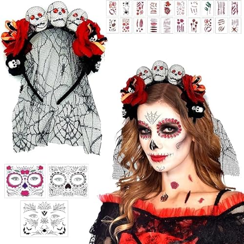 Tag der Toten Schleier Kostüm Damen, Halloween Kopfschmuck Damen Stirnband Tag der Toten Rosen Haarreif Schleier mexikanischen Blumen Kronen, Halloween Temporäre Gesicht Toten Zucker Schädel Tattoos von Booaee