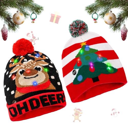 Weihnachten Mütze mit LED Licht, LED Leuchten Strickmütze Hut Mütze Weihnachtsmützen,LED Licht Hüte Weihnachten Hut,LED-Weihnachtsmütze Leicht Weich Beanie Mütze für Männer Frauen Jungen Mädchen (C+D) von Booaee