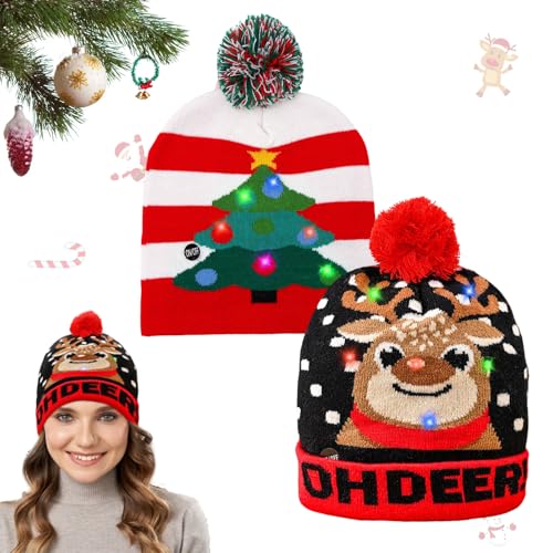 Weihnachten Mütze mit LED Licht, LED Leuchten Strickmütze Hut Mütze Weihnachtsmützen,LED Licht Hüte Weihnachten Hut,LED-Weihnachtsmütze Leicht Weich Beanie Mütze für Männer Frauen Jungen Mädchen (C+D) von Booaee