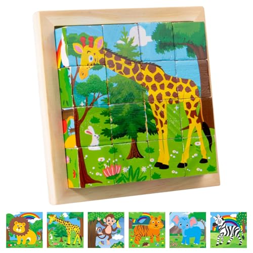 Würfelpuzzle Holz, 3D Bilderwürfel Puzzlespiele 6 in 1 Tier-Motive Puzzle Ab 2 Jahre, Holzpuzzle 3D Würfelpuzzle Puzzlespiele ab 1 2 3 4 Jahre, Montessori Lernspielzeug Geschenk für Jungen und Mädchen von Booaee