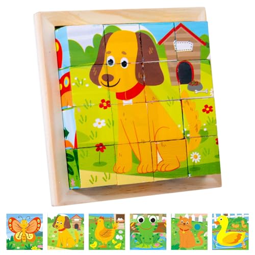 Würfelpuzzle Holz, Holzpuzzle 3D Würfelpuzzle Puzzlespiele 6 in 1 Tier-Motive Puzzle Ab 2 Jahre, 3D Bilderwürfel Puzzlespiele ab 1 2 3 4 Jahre, Montessori Lernspielzeug Geschenk für Jungen und Mädchen von Booaee