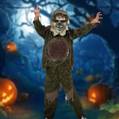 Zombie Kostüm Kinder, 120cm Halloween Kostüm für Kinder Jungen Zombie Monster,Gruseliges Lebenden Toten Halloween Skelett Zombie Kostüm mit Zombie Maske für Dress Up Themen Partys Karneval Cosplay von Booaee