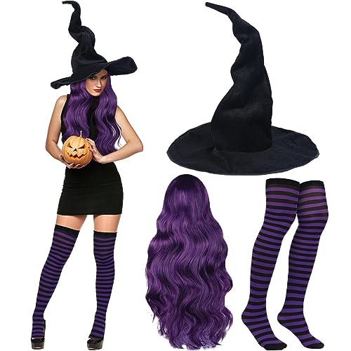 Booson Halloween-Hexenkostüm-Set, schwarz, spitzer Hexenhut, Dunkelviolett, Cosplay-Perücke und Nylon-gestreifte Strümpfe für Damen, Mädchen, Halloween, Cosplay, Party, Kostüm, Zubehör, 3-teilig, von Booson