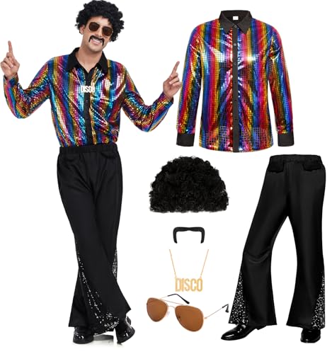 Bordazor Herren 70er Jahre Disco Outfit Retro 70er Jahre Kostüm Glockenunterteil Hose Langarm Shirts 70er Jahre Perücken Sets für Halloween Party, Bunt, L von Bordazor