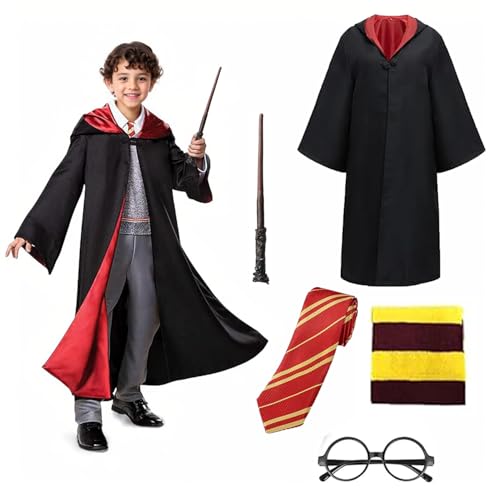 BoriGlyptic Harry Kostüm 5-teiliges Set für Kinder-Zauberer Umhang Kostüm für Jungen und Mädchen-Zaubererrobe für Karneval, Halloween，Cosplay und Geburtstag von BoriGlyptic