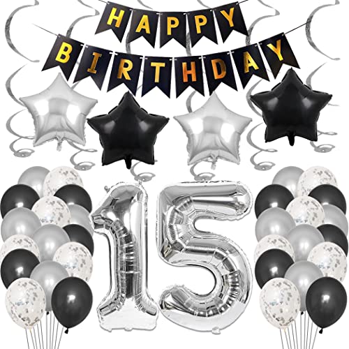 Borsgye 15. Geburtstag Dekoration Set 15 Jahr Geburtstagsdeko Ballon Männer Junge Frauen Schwarz Happy Birthday Banner Folie Sterne Luftballons Konfetti Luftballons Silber Folienballon Zahl15 Borsgye 15. Geburtstag Dekoration Set 15 Jahr Geburtstagsdeko Ballon Männer Junge Frauen Schwarz Happy Birthday Banner Folie Sterne Luftballons Konfetti Luftballons Silber Folienballon Zahl15 von Borsgye