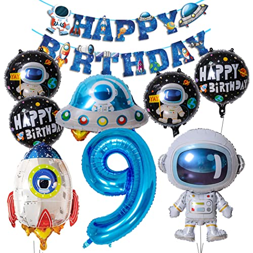 Borsgye Weltraum Geburtstag Party Dekoration Groß Astronauten Raketen Mond Luftballon Geburtstagsdeko Set Happy Birthday Banner Round Folienballon Kinder Blau 9. Geburtstag Party Dekoration von Borsgye