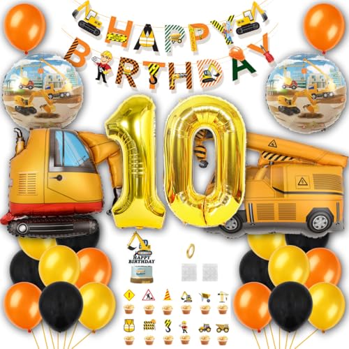 Borsgye Bagger Geburtstag Deko BAU Geburtstagsfeier Set Konstruktion Lastwagen Kran Folienballons Happy Birthday Banner Konstruktion Themed Ballons Zahl 10 mit Verkehrsschild Kuchendeckel von Borsgye