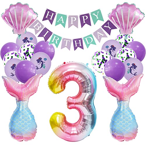 Borsgye Großes Meerjungfrau Folienballons Muscheln Ozean Helium Mylar Ballons Happy Birthday Banner Lila Luftballon Glitzer Latexballons Happy Birthday Mädchen Party Geburtstag Deko - Zahl 3 von Borsgye