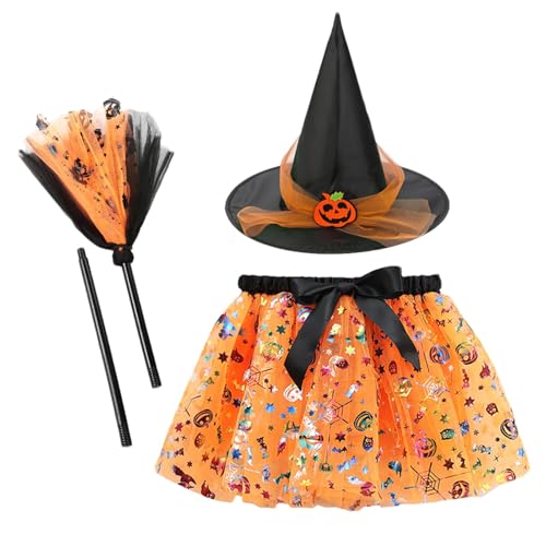 Botiniv Halloween Tutu Kostüm, Hexenkostüm für Mädchen,Halloween Tutu Kleid Set - Hexenrock für Kinder, Tutu-Kleid-Set mit Hexenhut und Besen für 2–8 Jahre alte Halloween-Cosplay-Party-Dekoration von Botiniv