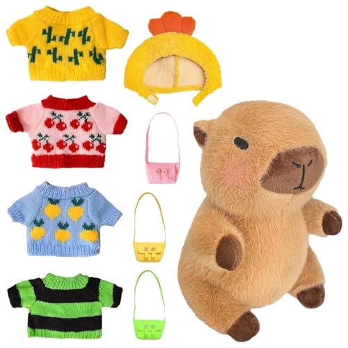 Capybara Kuscheltier | 23cm Capybara Plüschtier | Stofftier Capybara mit 8/9 Stück Kleidung und Accessoires | Wasserschwein Kuscheltier | Weiches Capibara Spielzeug für Kinder und Erwachsene von Botiniv