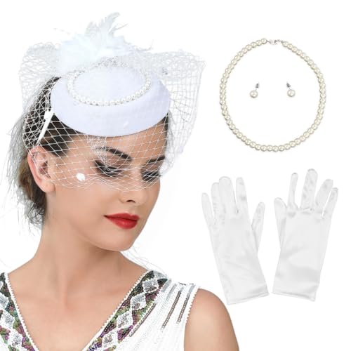 Bottone 1 Set Damen-Haarreifen mit Schleier und Hut, mit Perlenohrringen, Halskette und Handschuhen, Halloween, Cosplay, Abschlussball, Partyzubehör für Damen von Bottone