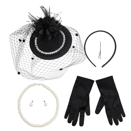 Bottone 1 Set Damen-Haarreifen mit Schleier und Hut, mit Perlenohrringen, Halskette und Handschuhen, Halloween, Cosplay, Abschlussball, Partyzubehör für Damen von Bottone