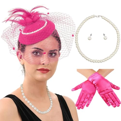 Bottone 1 Set Damen-Haarreifen mit Schleier und Hut, mit Perlenohrringen, Halskette und Handschuhen, Halloween, Cosplay, Abschlussball, Partyzubehör für Damen von Bottone