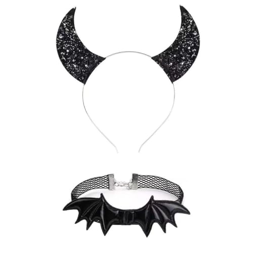 Bottone Punk Kopfschmuck Fledermausflügel Halloween Glitzer Haarreifen + Choker Teufelsflügel Cool Girl Fledermaus Flügel Thema Zubehör von Bottone