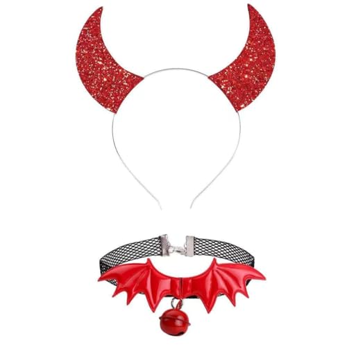 Bottone Punk Kopfschmuck Fledermausflügel Halloween Glitzer Haarreifen + Choker Teufelsflügel Cool Girl Fledermausflügel Themenzubehör von Bottone