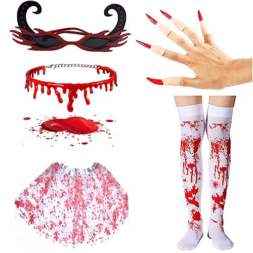 Fledermaus Cosplay Kostüme Set Halloween Party Vampir Kostüm Zubehör Tropfen Blut Choker Kralle Blutstrümpfe Brille von Bottone