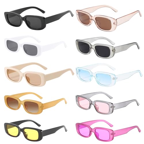 10 Stück Vintage Rechteckige Sonnenbrille Damen 90er Retro Sonnenbrillen UV400 Partybrille Set Trendy Brille Retro Hippie Sonnenbrille für Fasching Requisiten Geburtstagsfeier für Kinder Erwachsene von BouGPeng