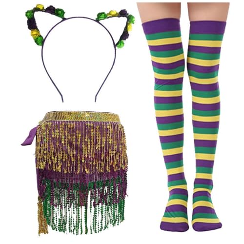 Bouasgh Karnevals Perlenrock Set Karneval Pailletten Dress Up Set Party Dance Kostüm Requisiten Zubehör Dreiteiliges Set (Multicolour, One Size) von Bouasgh