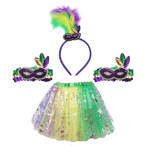 Bouasgh Karnevalsrock Kopfschmuck Set Karneval Gold Lila Grün Halbgesichts-Haar-Accessoires Feder-Haarband Dreifarbiger Perlenrock-Satz (Green, One Size) von Bouasgh