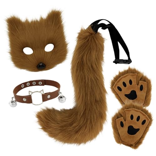 Bouasgh Mardi Gras 70er Jahre Rock Maskerade-Kostüm-Set inklusive Handschuhen, Kragen, Accessoire und Schwanz für Cosplay-Partys (Brown, One Size) von Bouasgh