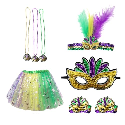 Bouasgh Mardi Gras Kostüm Karneval Gold Lila Grün Halbgesichts-Haar-Accessoires Feder-Haarband Dreifarbiger Perlenrock-Satz (Green, One Size) von Bouasgh