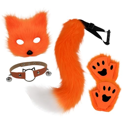 Bouasgh Mardi Gras Kostüm Maskerade-Kostüm-Set inklusive Handschuhen, Kragen, Accessoire und Schwanz für Cosplay-Partys (Orange, One Size) von Bouasgh