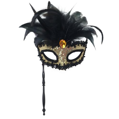 Bouasgh Venezianischen Maske für Damen Herren Karneval Faux Feder Maskerade Party Hand Neue Neuheit Geeignet Für Jungen Und Mädchen Kostüme Party (GD2, One Size) von Bouasgh