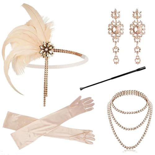 Mardi Gras Party Kleid 1920er Jahre Vintage Gelb Feder Fransen Stirnband Maskerade Party Stil Zubehör Set (Beige, One Size) von Bouasgh