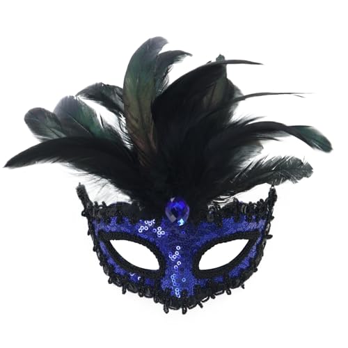 Maske Gesicht Verkleidung Karneval Faux Feder Maskerade Party Neuheit Geeignet Für Jungen Mädchen Kostüme Party (Blue, One Size) von Bouasgh