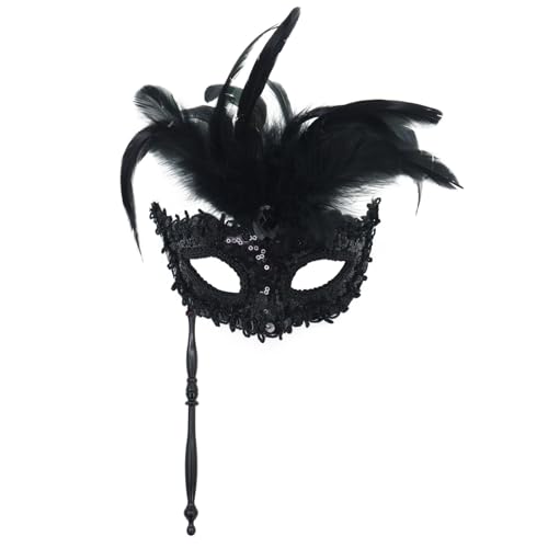 Venezianischen Maske für Damen Herren Karneval Faux Feder Maskerade Party Hand Neue Neuheit Geeignet Für Jungen Und Mädchen Kostüme Party (Black, One Size) von Bouasgh