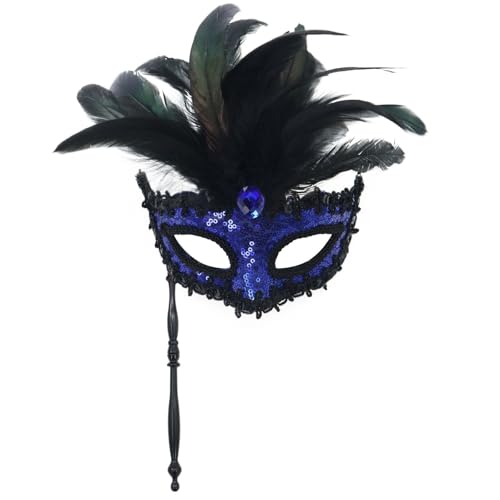 Venezianischen Maske für Damen Herren Karneval Faux Feder Maskerade Party Hand Neue Neuheit Geeignet Für Jungen Und Mädchen Kostüme Party (Blue, One Size) von Bouasgh