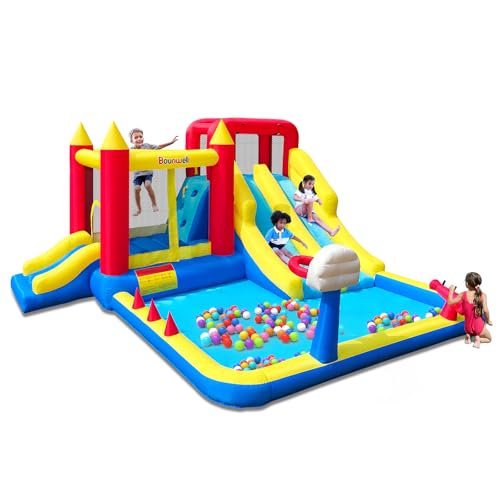 Aufblasbare Wasserrutsche mit Luftgebläse, Wassersprunghaus mit Rutsche, Castle Bounce House mit Splash Pool, Wasserkanone, Kletterwand, Basketballkorb, Hinterhof-Wasserrutsche für Kinder von Bounwell