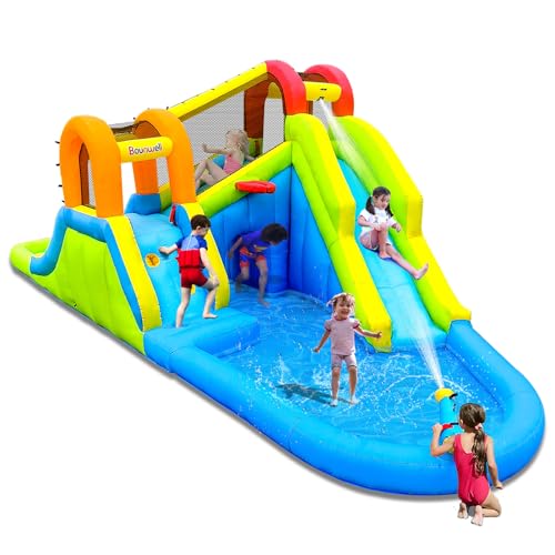 Bounwell Aufblasbare Wasserrutsche mit Luftgebläse, Wasserpark für Kinder Hinterhof, aufblasbare Wasserrutsche mit 2 Rutschen, 2 Kletterwänden, Basketballkorb, Wasserkanone und Planschbecken von Bounwell