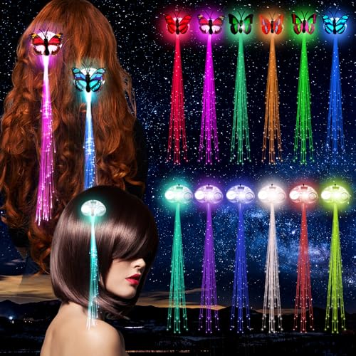 12 stück LED Blinkendes Haargeflecht,LED-Haarschmuck,Mitgebsel Kindergeburtstag,Haarsträhnen Bunte Einklipsen,Schmetterling Haarklammer für Led Haarreif Neon Party Geschenke in the Dark von Bowasin