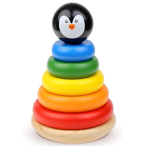 Boxiki kids buntes Pinguin Regenbogen Holz Stapelspielzeug; der ganze Spaß regelmäßige Stapelspielzeuge mit mehr Farben und Charakter von Boxiki kids