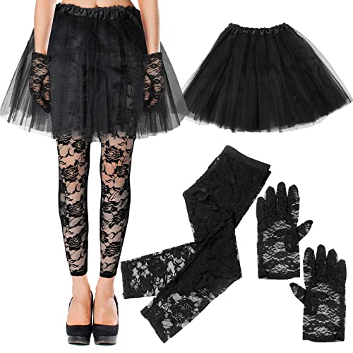 Boyiee-020623D08 3 Stück 80er Jahre Kostüm für Frauen Halloween Kostüme mit Tutu Rock Spitzenhandschuhe und Spitzen Leggings Erwachsene Outfits Cosplay (Schwarz), Einheitsgröße von Boyiee