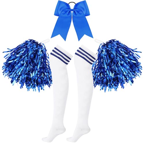 Boyiee 4 Stück Cheerleader Kostüm Set 2 Cheerleader Pompons Handblumen mit 1 Schleife Haarbänder 1 Paar Cheerleader Strümpfe Cheerleader Outfit Faschingskostüme für Karneval Sport(Blau) von Boyiee