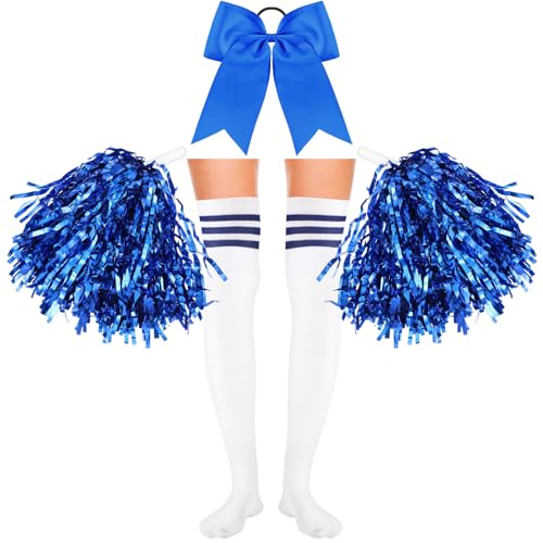 Boyiee 4 Stück Cheerleader Kostüm Set 2 Cheerleader Pompons Handblumen mit 1 Schleife Haarbänder 1 Paar Cheerleader Strümpfe Cheerleader Outfit Faschingskostüme für Karneval Sport(Blau) von Boyiee