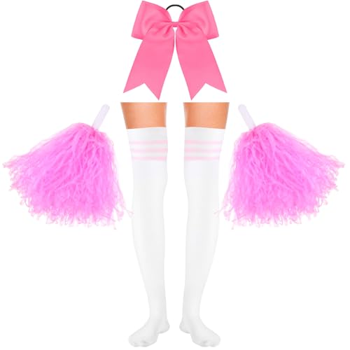 Boyiee 4 Stück Cheerleader Kostüm Set 2 Cheerleader Pompons Handblumen mit 1 Schleife Haarbänder 1 Paar Cheerleader Strümpfe Cheerleader Outfit Faschingskostüme für Karneval Sport(Rosa) von Boyiee