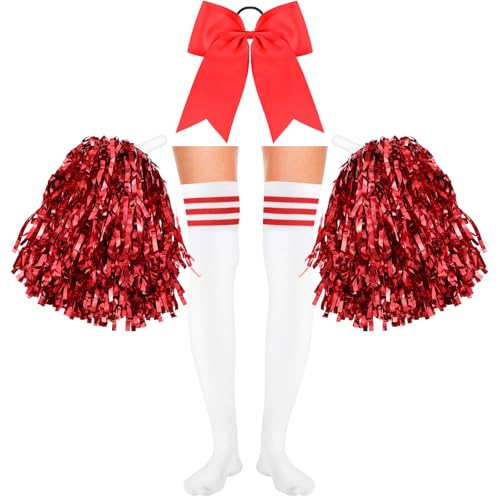 Boyiee 4 Stück Cheerleader Kostüm Set 2 Cheerleader Pompons Handblumen mit 1 Schleife Haarbänder 1 Paar Cheerleader Strümpfe Cheerleader Outfit Faschingskostüme für Karneval Sport(Rot) von Boyiee