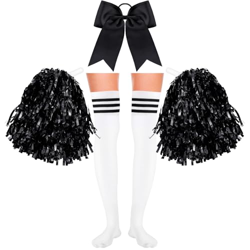 Boyiee 4 Stück Cheerleader Kostüm Set 2 Cheerleader Pompons Handblumen mit 1 Schleife Haarbänder 1 Paar Cheerleader Strümpfe Cheerleader Outfit Faschingskostüme für Karneval Sport(Schwarz) von Boyiee