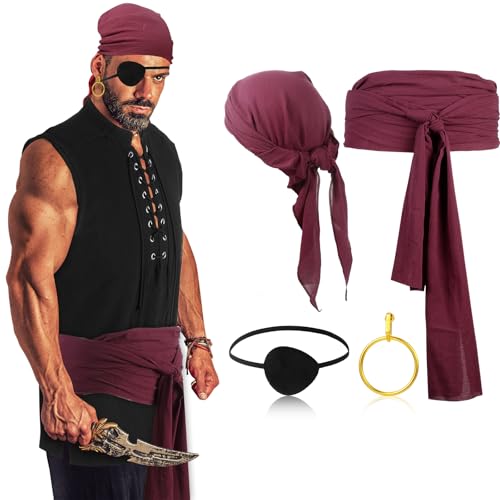 Boyiee Piratenkostüm für Erwachsene, für Herren, mittelalterliches Renaissance-Hemd, Piraten-Bandana, Schärpe, Gürtel für Halloween, Cosplay, Party, 5 Stück, Schwarz, S von Boyiee