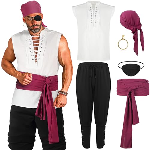 Boyiee Piratenkostüm für Herren, mittelalterliche Renaissance, Wikingerhemd, Knöchelbänder, Hose, Piraten-Zubehör für Halloween-Outfit (klein), 6 Stück von Boyiee