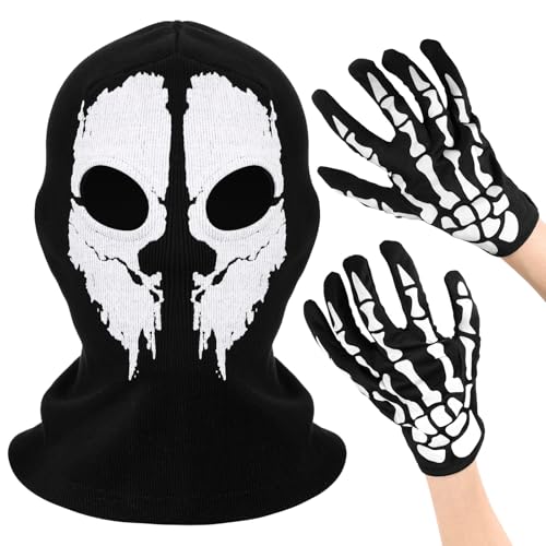 Boyiee Skelett Maske Sturmhaube Sturmmaske für Männer Frauen Halloween Karnevalsgeschenke Cosplay Radfahren Wandern Ski Winter Warm mit Totenkopfhandschuhen von Boyiee