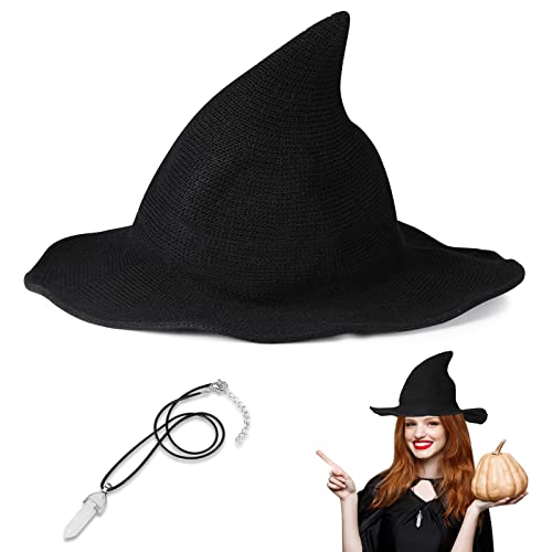 Damen Hexen Hut Halloween Kostüm Zubehör Schwarz mit Breiter Krempe Spitze Zaubererhut Faltbar mit Glücklichen Sechseckigen Kristall Halsketten Geschenk für Halloween Maskerade Cosplay von Boyiee